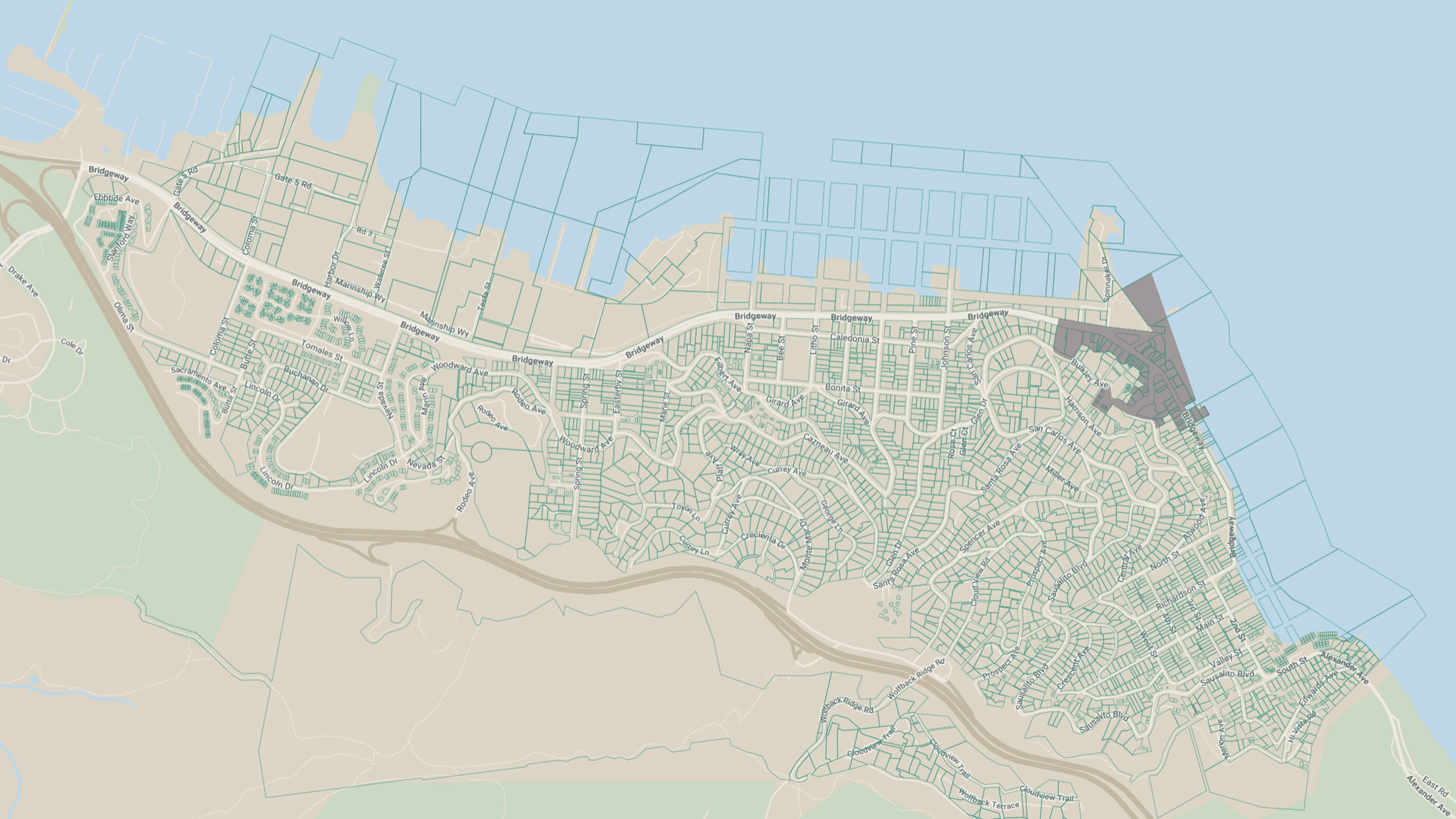 Map of Sausalito after Measure X, showing voter control remaining only in the gray Downtown Historic District.