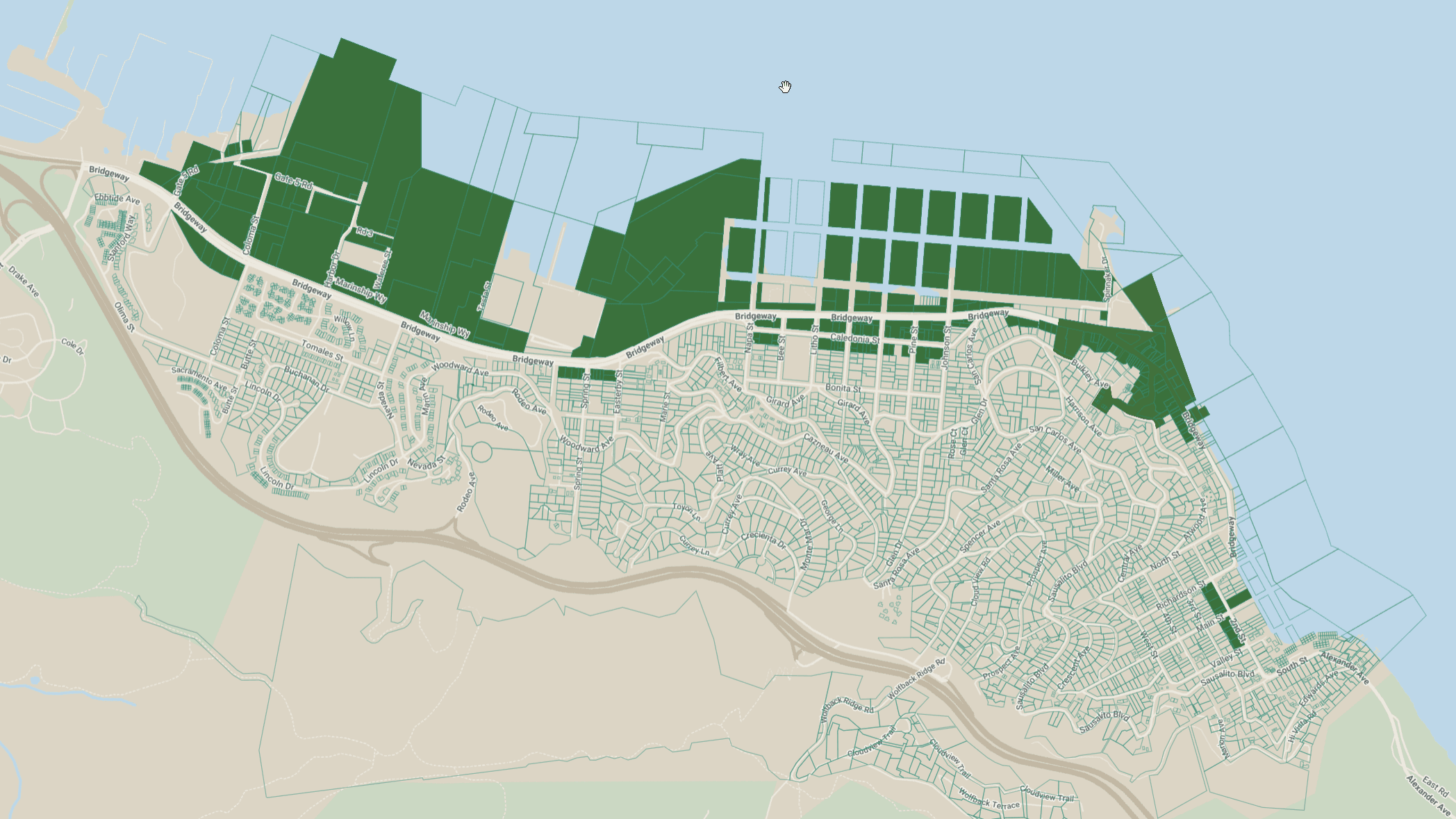 Map of Sausalito showing in green the commercial and industrial areas where voters currently have the final say over major zoning changes.